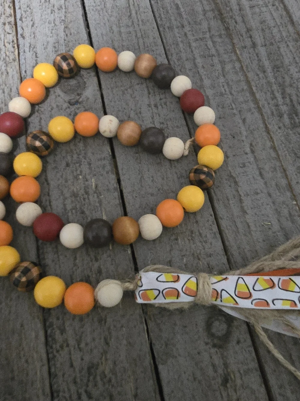 Wood Beaded Garland in Yellow, Orange, Red, Brown, Cream - Homemade 29inches Lon